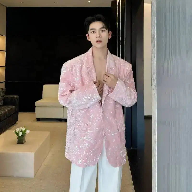 Blazer 2025 Autumn New Sequin Patchwork Luxury Elegant Temperament Coat Men's Fashion Handsome Shoulder Pad Coat JY5816