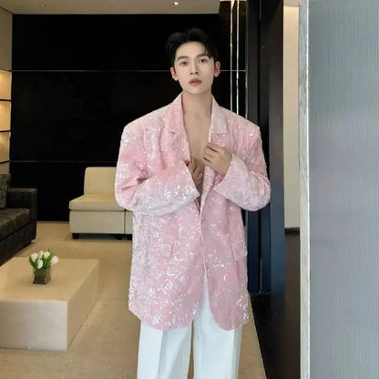 Blazer 2025 Autumn New Sequin Patchwork Luxury Elegant Temperament Coat Men's Fashion Handsome Shoulder Pad Coat JY5816