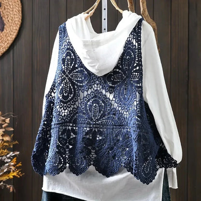 Summer Femme Lace Cotton Lined Vest Spring Women Fashion Knitted Crochet Sleeveless French Lady Hollow-out Sweater Waistcoat Top