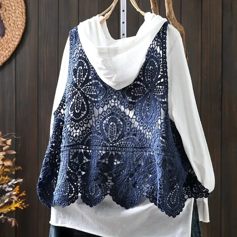 Summer Femme Lace Cotton Lined Vest Spring Women Fashion Knitted Crochet Sleeveless French Lady Hollow-out Sweater Waistcoat Top