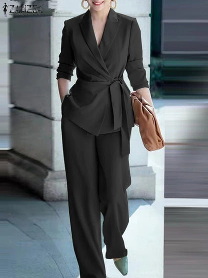 Spring 2pcs Office Women Matching Sets Solid Work OL Blazer Suits Fashion Long Sleeve Shirt Wide Leg Pant Sets Outfit 2026