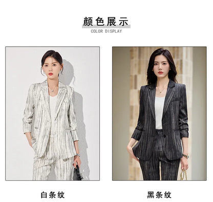 Fashion Women Striped Pants Suit New Spring Business Formal Slim Long Sleeve Thin Blazer and Trousers Office Ladies Work Wear