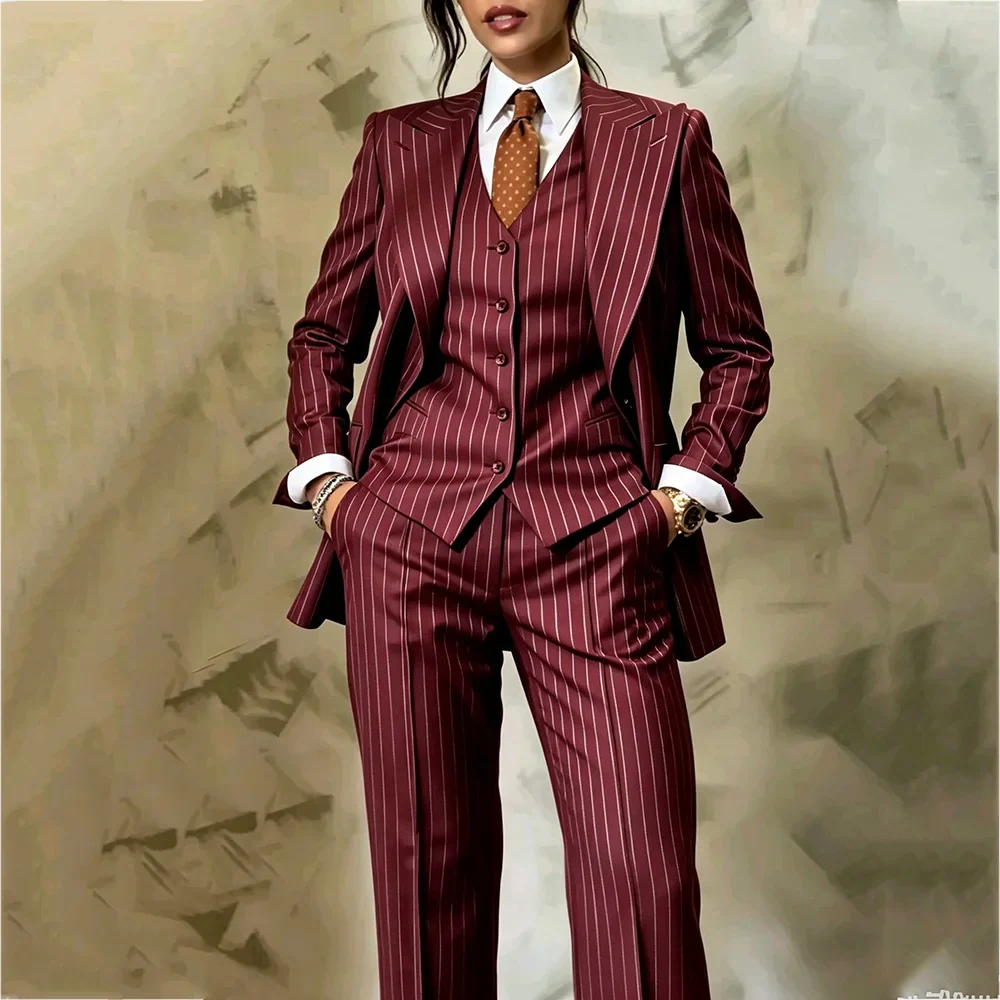 Burgundy Stripe Women's 3 Piece Suit Blazer Vest Pants Single Breasted Slim Fit Business Office Lady Party Event Formal Set