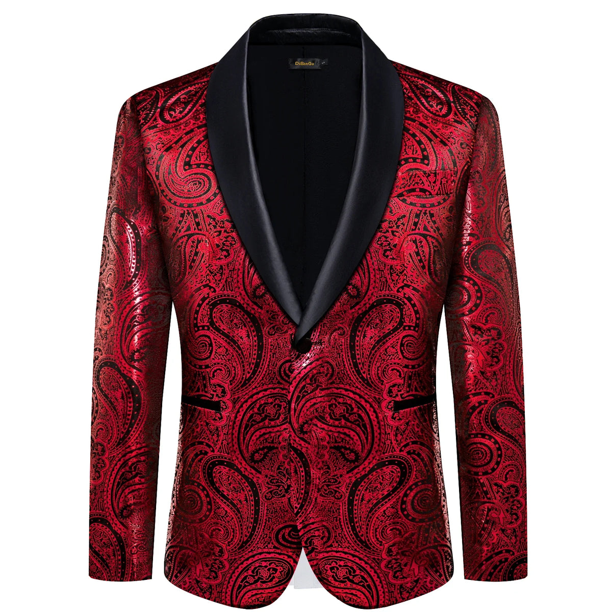 Red Paisley Jacquard Mens Tuxedo Blazer, Black Satin Shawl Lapel Single Button Slim Suit Jacket for Wedding Stage Banquet Party
