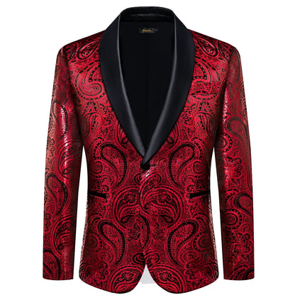 Red Paisley Jacquard Mens Tuxedo Blazer, Black Satin Shawl Lapel Single Button Slim Suit Jacket for Wedding Stage Banquet Party