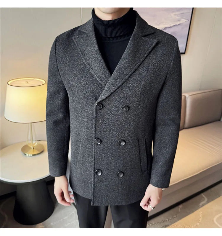 British Style Winter Double Breasted Woolen Suit Jackets Men Thick Warm Wedding Business Blazers Solid Color Casual Dress Coat