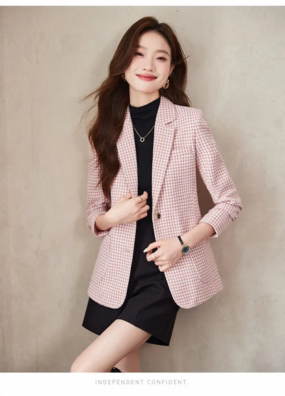 Women Office Ladies Single Breasted Slim Blazer Coat Autumn Winter Fashion Plaid Temperament Long Sleeved Elegant Tops Vacation