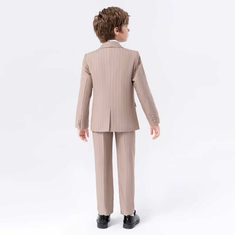 Kids Striped Suit Set Flower Boys Wedding Outfit Children's Jacket Vest Pants Bowtie Brooch 5Pieces Spring Autumn Clothes Set