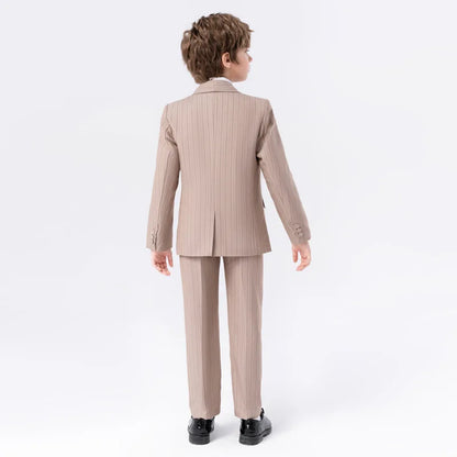 Kids Striped Suit Set Flower Boys Wedding Outfit Children's Jacket Vest Pants Bowtie Brooch 5Pieces Spring Autumn Clothes Set