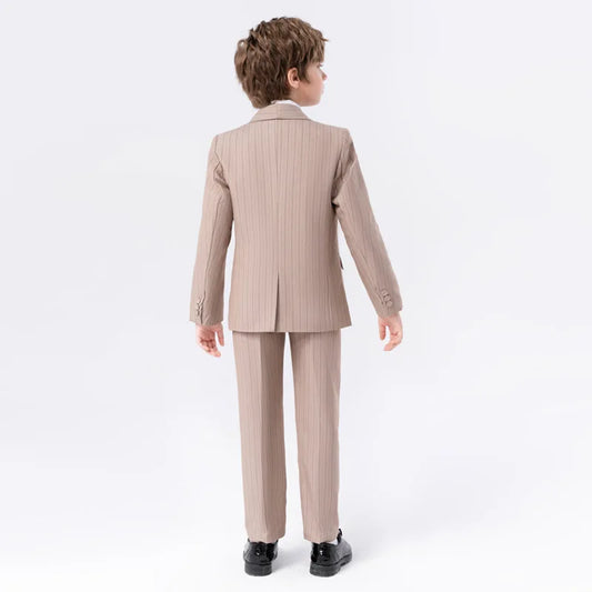 Kids Striped Suit Set Flower Boys Wedding Outfit Children's Jacket Vest Pants Bowtie Brooch 5Pieces Spring Autumn Clothes Set