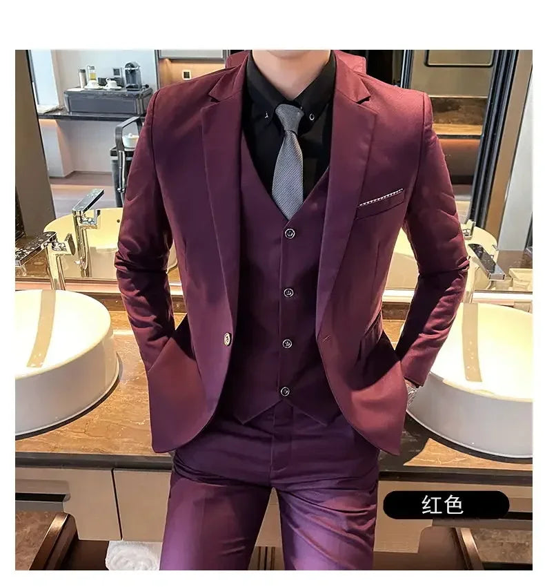 Suit (Blazer + Vest + Pants) Men's Smart Casual Business Formal Korean Style Banquet Suit