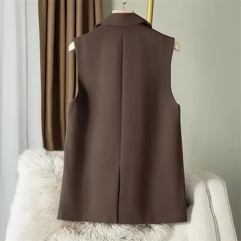 Fashion Suit Vests Women Simple Double Breasted V-neck Sleeveless Jacket 2025 New Korean Slim All-match Waistcoat Daily Outwear