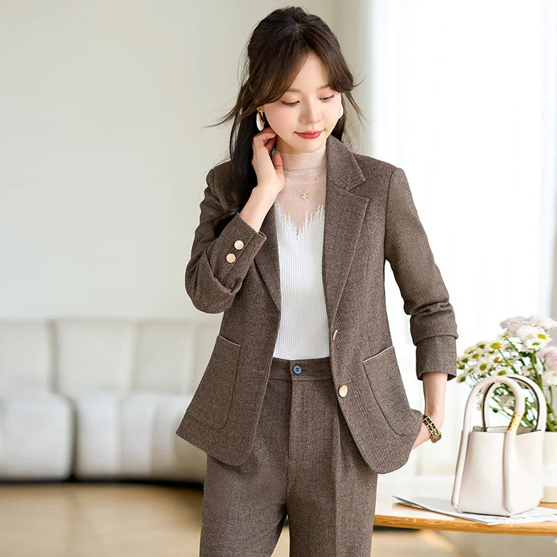 High Quality Fabric Velvet Autumn Winter Women Business Work Wear Suits Pantsuits Formal OL Styles Professional Trousers Set