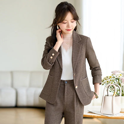 High Quality Fabric Velvet Autumn Winter Women Business Work Wear Suits Pantsuits Formal OL Styles Professional Trousers Set