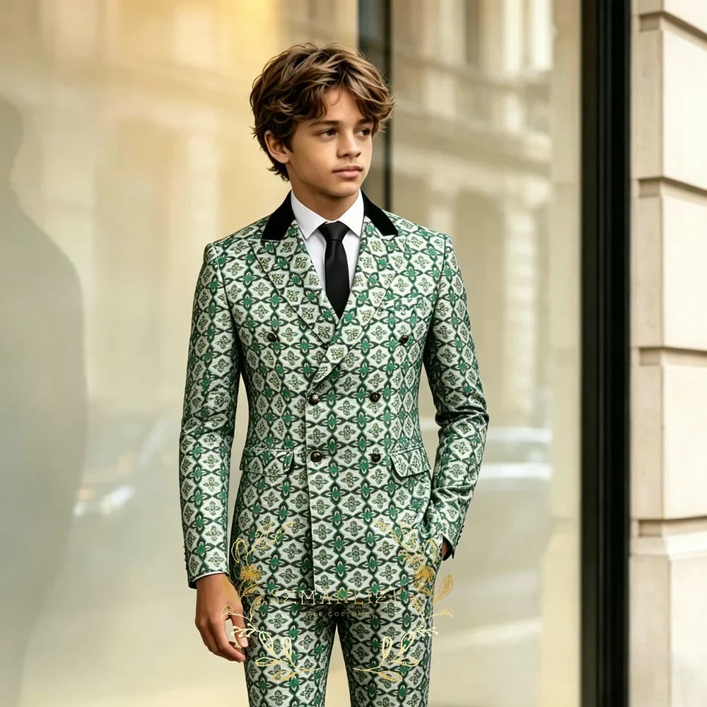 Green Floral Double Breasted Formal Boys Suit Set Peaked Lapel Wedding Birthday Party Tuxedo Costume Kids Blazer Pants Clothes
