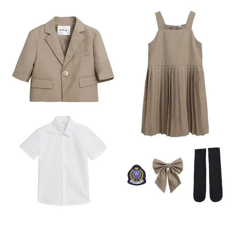 Child School Uniform Girls Korean Jacket Pleated Dress Summer Outfits Boys Blazer Formal Suits Shorts Kids Student Clothes Sets