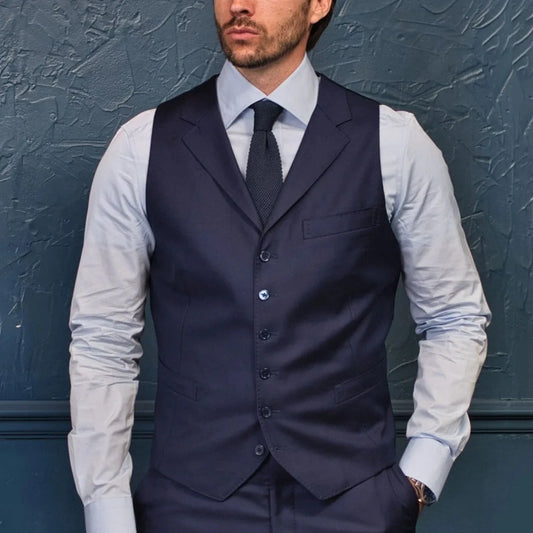 Men Vest Navy Blue Single Button Lapel Formal Waistcoat for Weddings & Business