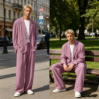 Men's Linen Blend Wrinkled Two Piece Suit Loose Two Button Blazer Wide Leg Trousers Casual Vacation Daily Soft Breathable Outfit