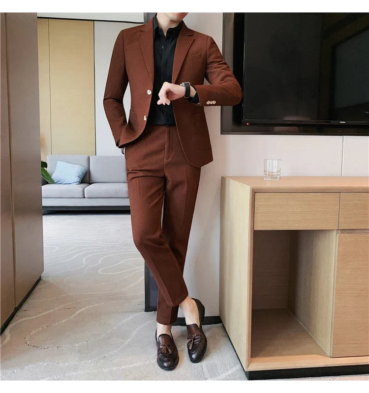 2025 New Waffle Blazers +Pant 2 Piece Set Men Fashion Business Slim Fit Solid Tuxedo Groom Wedding Prom Wear Casual Men's Sets