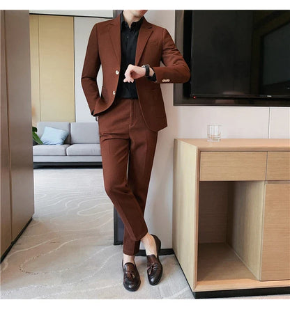 2025 New Waffle Blazers +Pant 2 Piece Set Men Fashion Business Slim Fit Solid Tuxedo Groom Wedding Prom Wear Casual Men's Sets
