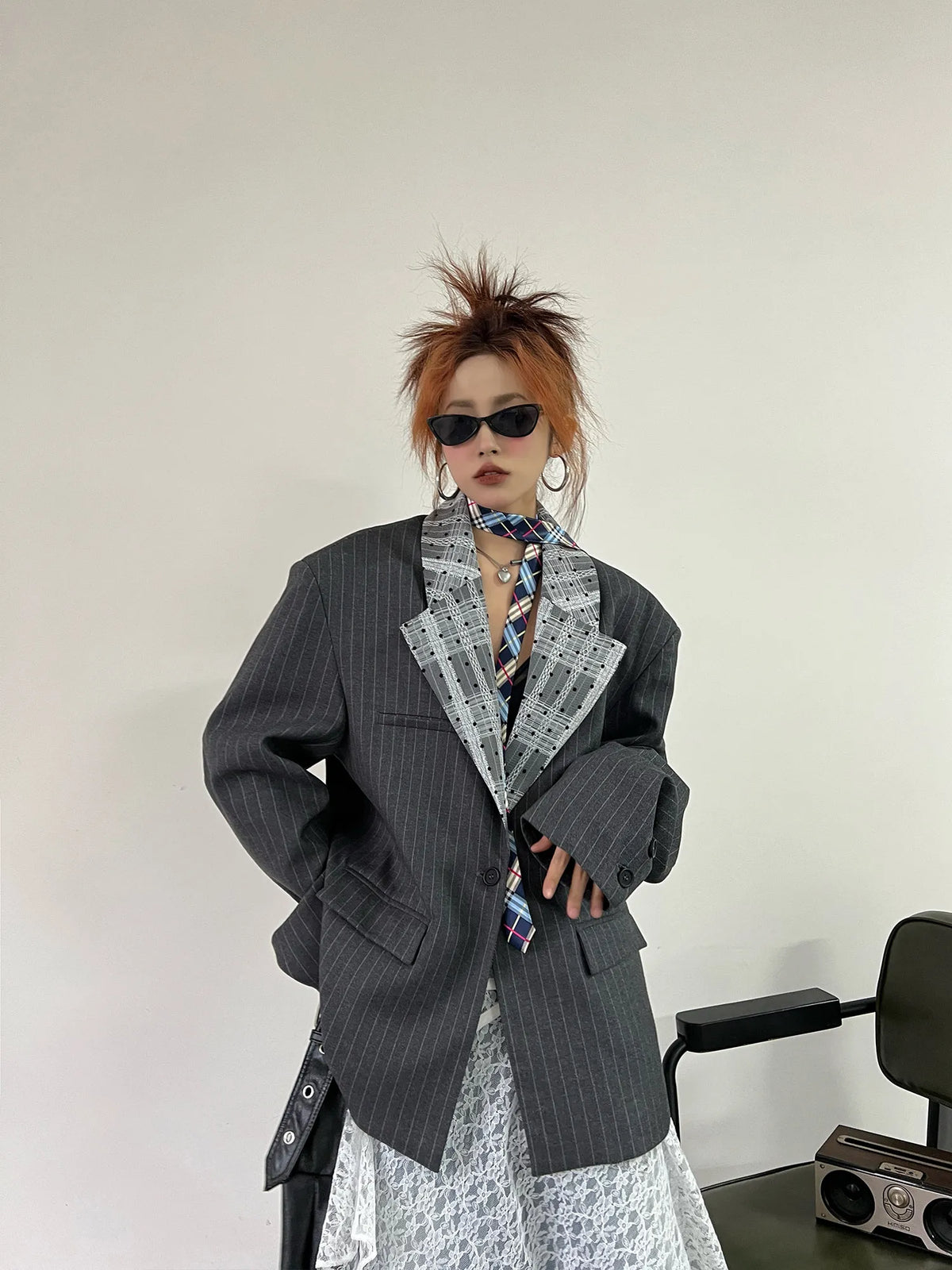 Women's Dark Grey Striped Blazer Jacket Y2k 2000s Vintage Suit Coat Fashion Casual Long Sleeve V-Neck Oversize Outerwear Autumn