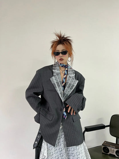 Women's Dark Grey Striped Blazer Jacket Y2k 2000s Vintage Suit Coat Fashion Casual Long Sleeve V-Neck Oversize Outerwear Autumn