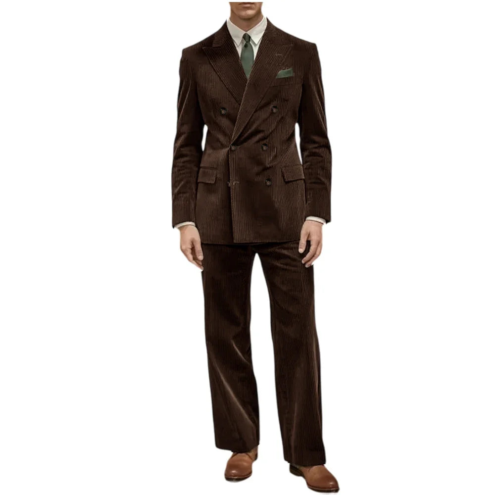 Men's Corduroy Suit 2 Piece Retro Double Breasted Peak Lapel Blazer Straight Leg Pants Formal Set Business Casual Wedding Party