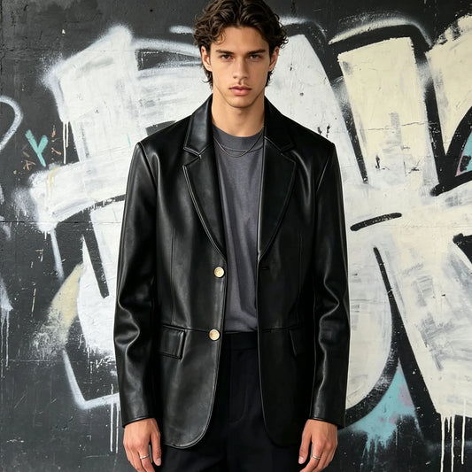 Men's PU Leather Suit Jacket Notched Lapel Single Breasted Blazer for Groom Wedding Classic Style