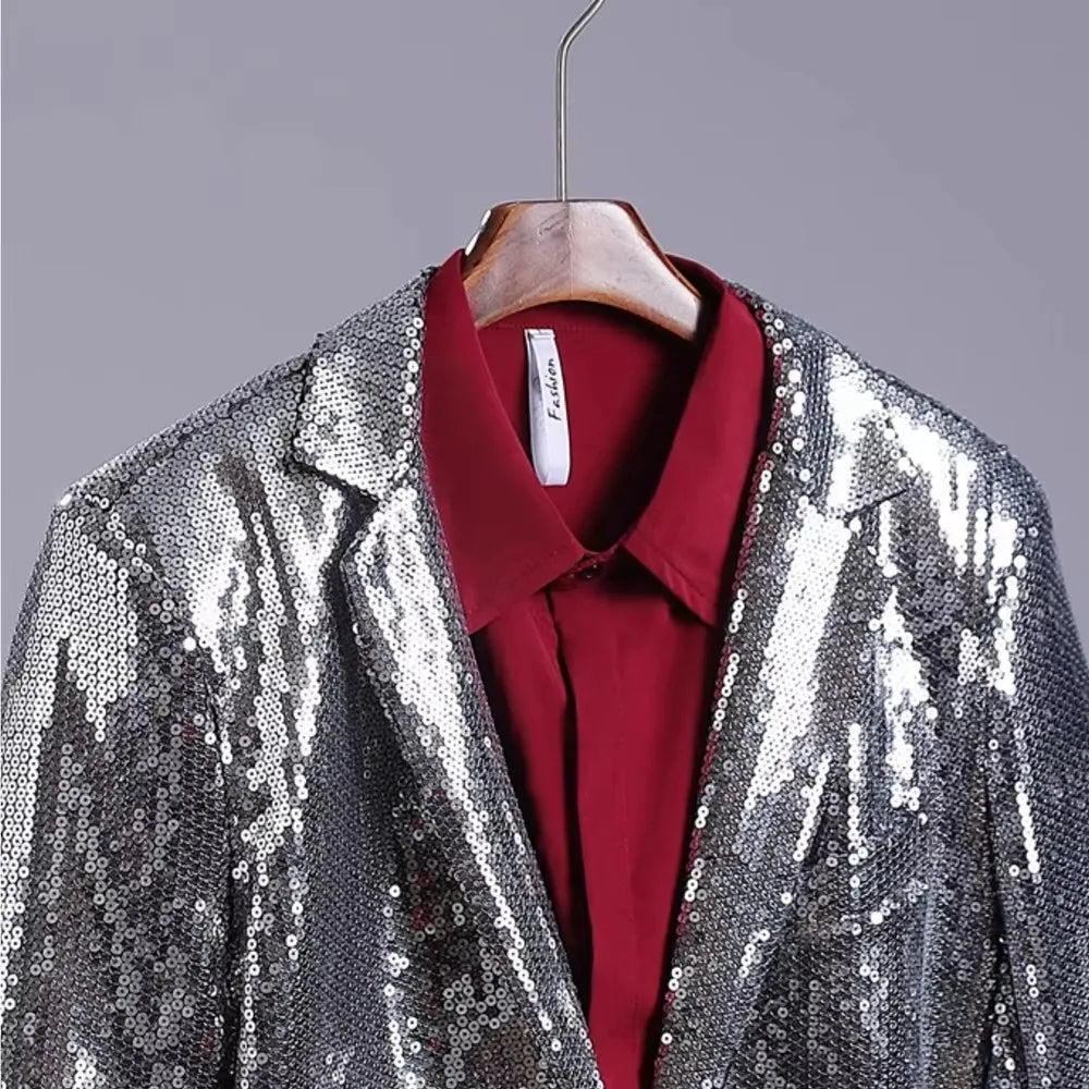 Men's Casual Blazers Suit Jackets Singer Silver Sequins Party Glitter Club Bar Concert Shiny Coat Stage Performance Costume