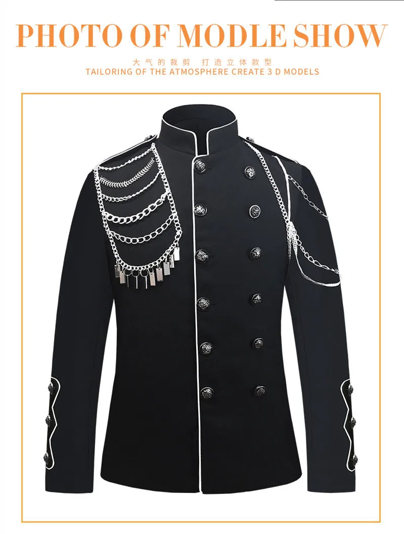 Men's Punk Style Court Jacket with Epaulet Metal Tassel Blazer for Nightclub Singer Dancer Performance Outerwear Stage Wear