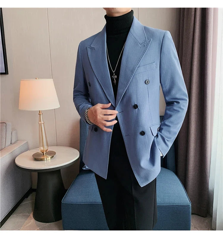 High Quality Double Breasted Suit Jacket Men Striped Casual Business Blazer Slim Fit Wedding Groom Office Social Dress Coat
