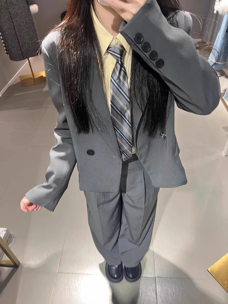 Solid Suits for Women 2025 Spring Fashion Office Ladies Long Sleeve Double Breasted Short Tops Chic Cargo Pant Suits