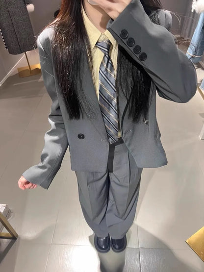 Solid Suits for Women 2025 Spring Fashion Office Ladies Long Sleeve Double Breasted Short Tops Chic Cargo Pant Suits