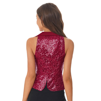Women Shiny Sequin Vest Lapel Sleeveless Glitter Suits Waistcoat Top Rave Music Festival Jazz Dance Party Banquet Night Clubwear