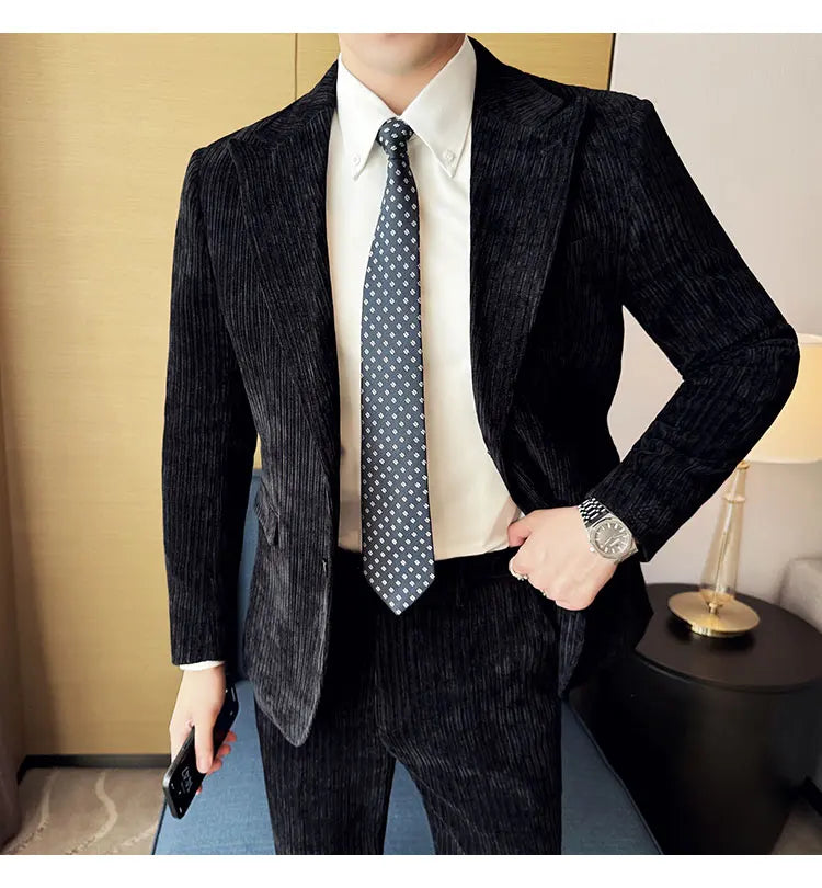 ( Jacket+Pants) Men Corduroy Suit Two-Piece Set High Quality Italian Style Business Suit Luxury Men Formal Wedding Groom Tuxedos