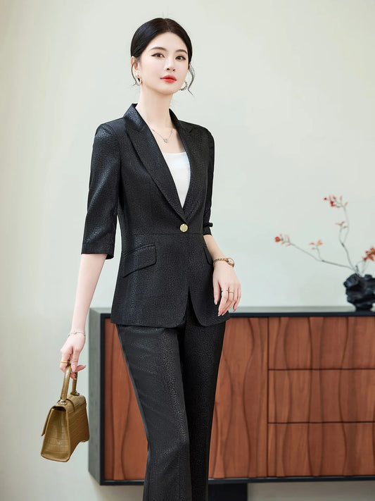 Women's Spring Summer Black Suit Set Fashionable Three Quarter Sleeve Blazer with Flared Pants Elegant Professional Formal Wear