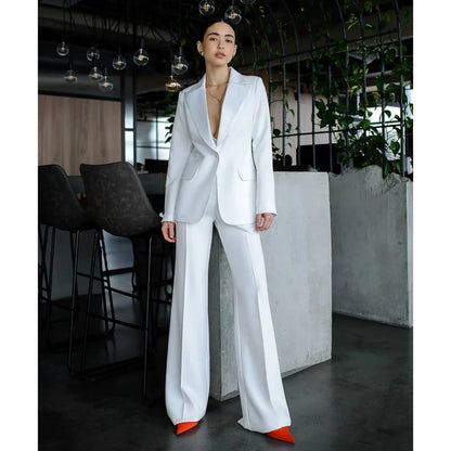 Elegant White Women Suits 2 Piece Chic Peak Lapel Single Button Wear Formal Casual Daily Office Lady Pants Sets (Blazer+Pants)