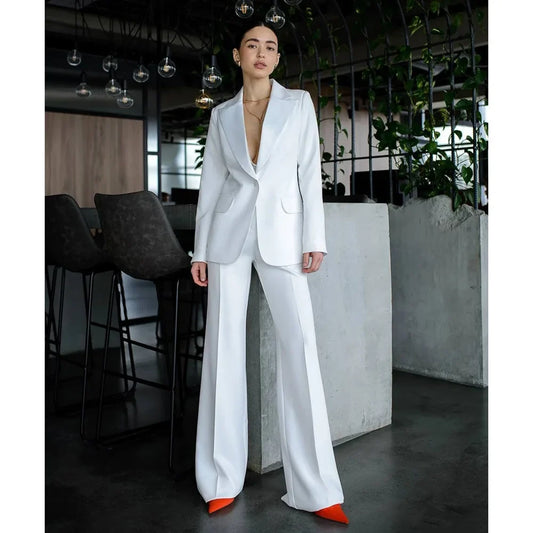 Elegant White Women Suits 2 Piece Chic Peak Lapel Single Button Wear Formal Casual Daily Office Lady Pants Sets (Blazer+Pants)