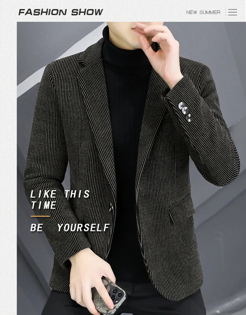 Blazer Autumn/Winter Golden Sable Velvet and Cotton Thickened Thermal Small Suit Fashion Business Men's Slim Blazer