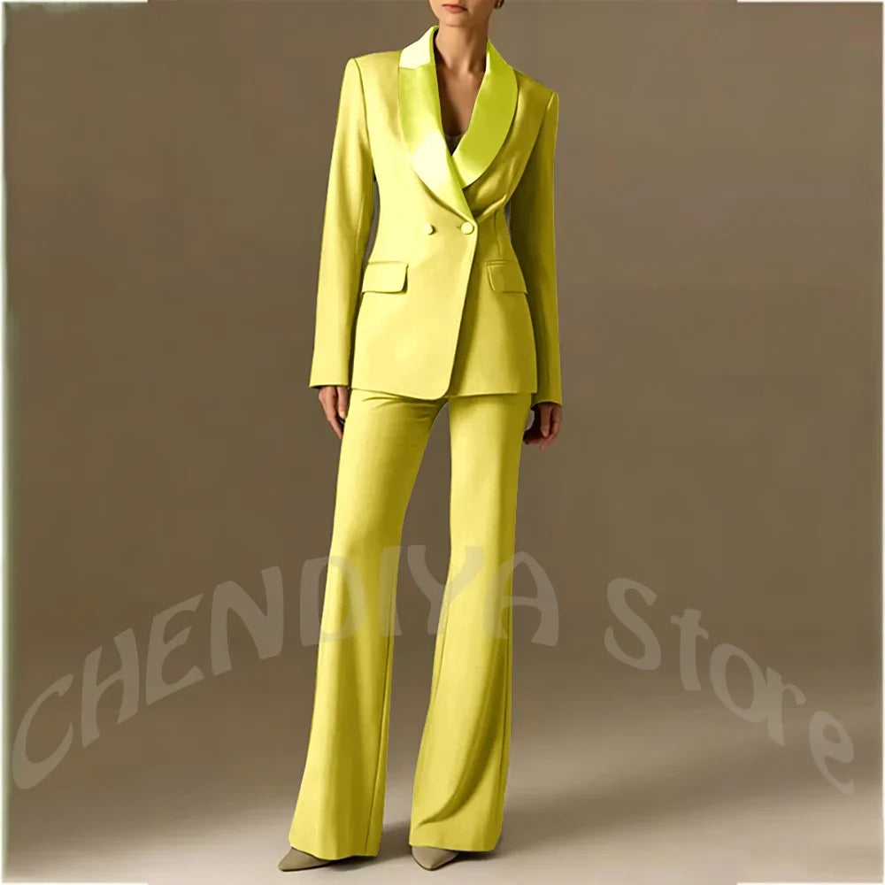 Classic Shawl Lapel Suit For Women Elegant Double Breasted Outfit Solid Color Two Piece Straight Modern Style Office Wear