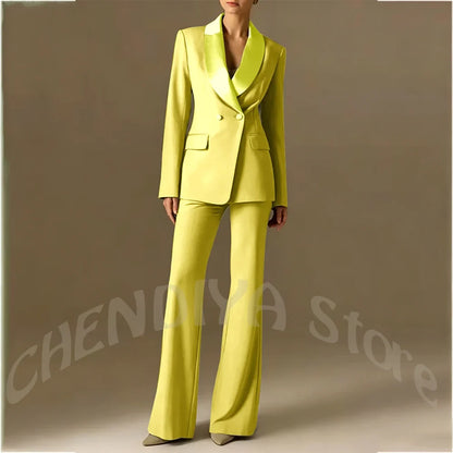Classic Shawl Lapel Suit For Women Elegant Double Breasted Outfit Solid Color Two Piece Straight Modern Style Office Wear