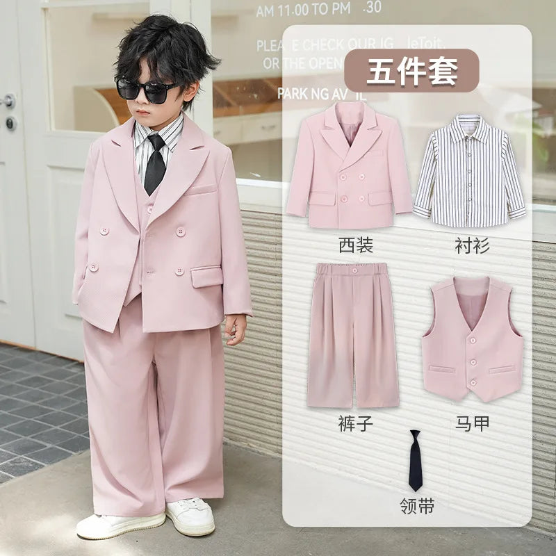 School Boys Double Breasted Blazer Suit Set with Wide Leg Pants Formal Streetwear Outfit for Kids Toddlers Wedding Birthday Part