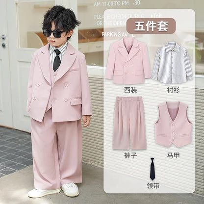 School Boys Double Breasted Blazer Suit Set with Wide Leg Pants Formal Streetwear Outfit for Kids Toddlers Wedding Birthday Part