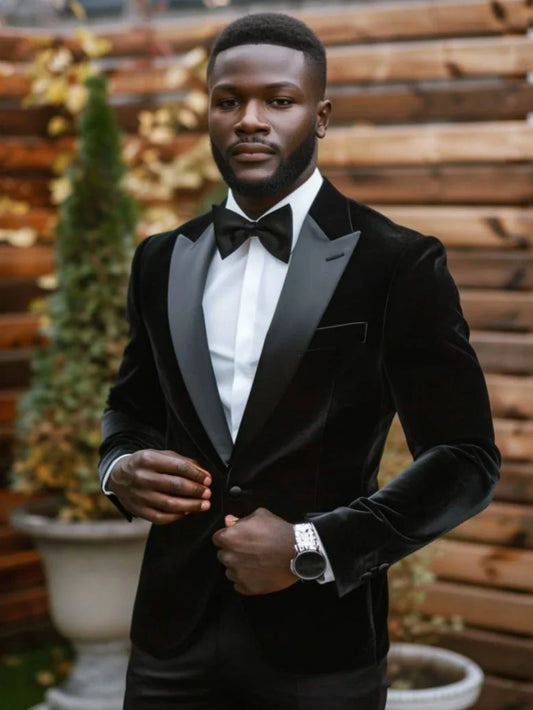 Hot Sale Black Velvet Suit Set 2 Pieces Jacket Pants For Men Wedding Groom Sets Handsome Peak Lapel Men's Suits Dancing Wear