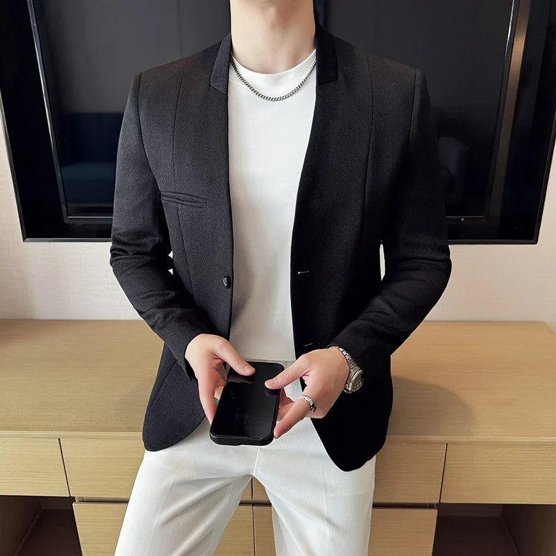 Chinese Style Collarless Suit Jacket Men Fashion Slim Fit Versatile Blazers Male Casual Business Wedding Groom Dress Jacket 2025