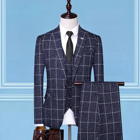 Men's Three-Piece Suit Set – Slim Fit Checkered for Wedding & Business Casual