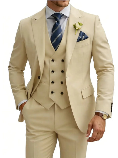 New Premium Solid Suit Set 3 Pieces Banquet Party Wear Handsome Peak Lapel Slim Fit Suits Wedding Groom Sets Plus Size Tuxedo