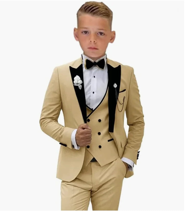 Beige Boys Suit Jacket Vest Pants Set Peaked Lapel Blazer Wedding Tuxedos for Kids Party Stage Dress Child Formal Suit
