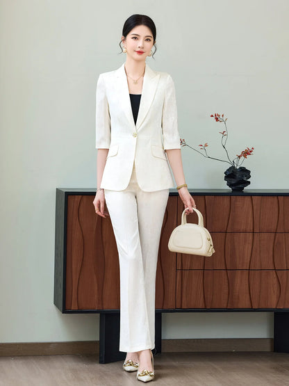 Fashion Purple Half Sleeve Professional Suit Women New Summer Elegant Formal Slim Blazer And Pants Office Ladies Work Wear