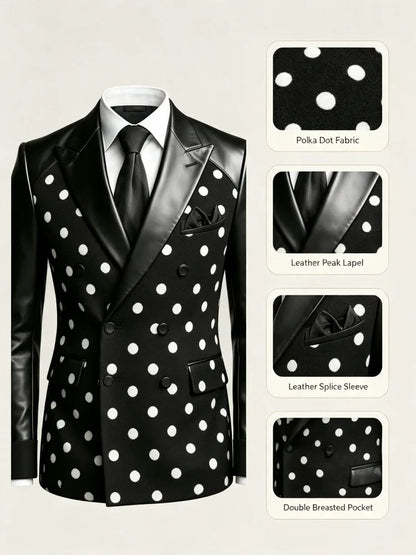 Men's Polka Dot Double Breasted Casual Business Blazer Leather Sleeve Slim Fit Suit Jacket Fashion Party Office Formal Outerwear